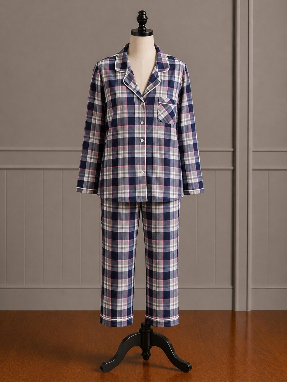 Ellen Tracy Navy/Gray/Pink Plaid Pajama Set